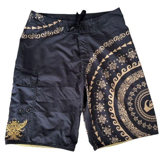 Y2K Quicksilver Gold Tribal Skull Print Board Shorts - Picture 1 of 10